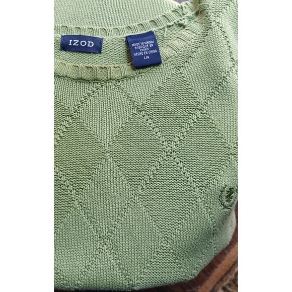 VTG IZOD Men's Large Olive Green Diamond Knit Crewneck Sweater Preppy Old Money - Picture 5 of 7
